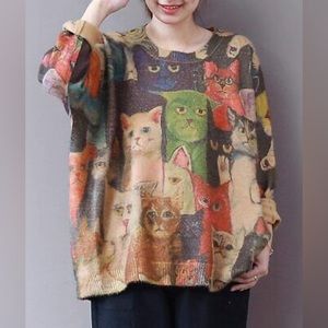YesNo Oversized Graphic Kitten Cat Sweater Pullover Cotton Wool Blend